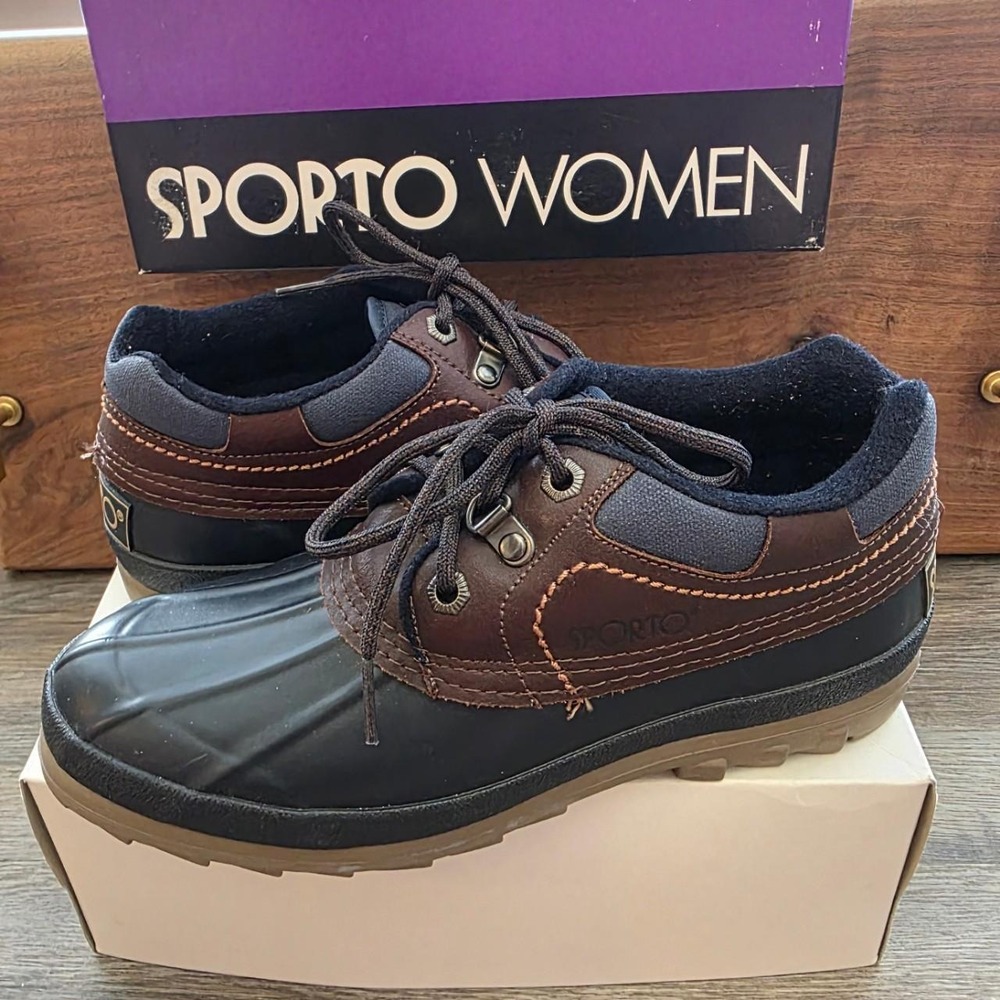 Sporto Jasper Vintage 80s Low Top Duck Shoes Navy Brown Leather Women 7